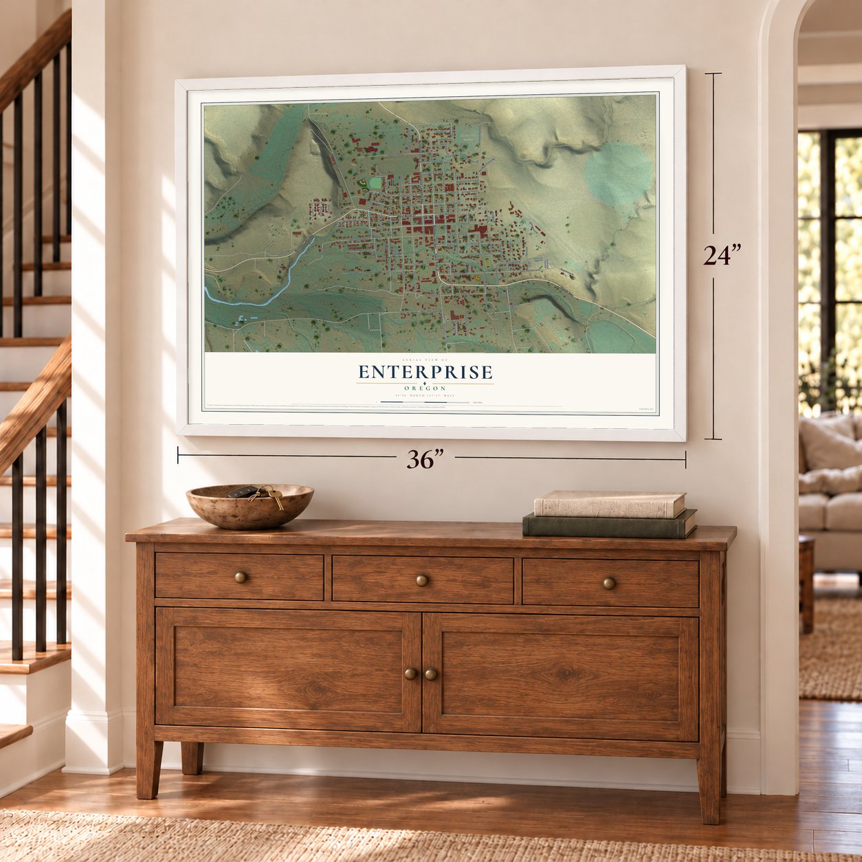 Enterprise, Oregon map, 24 x 36 inch print in a white frame above a dresser by a staircase