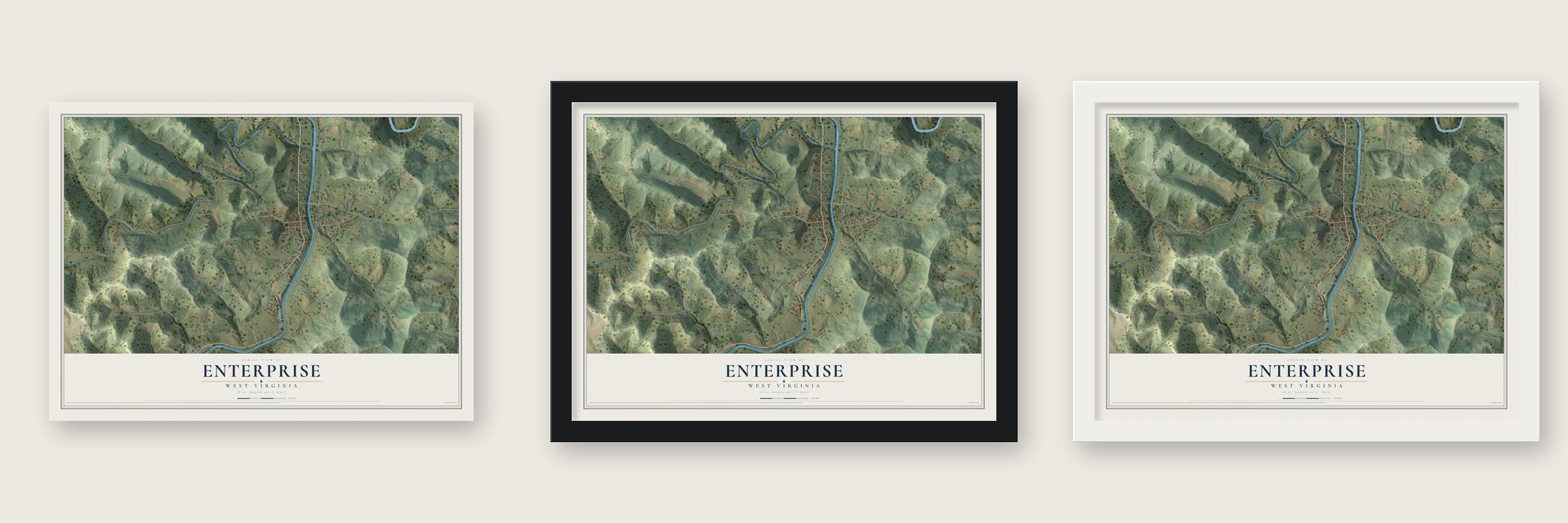 Enterprise, West Virginia map unframed, in a black wood frame and in a white wood frame