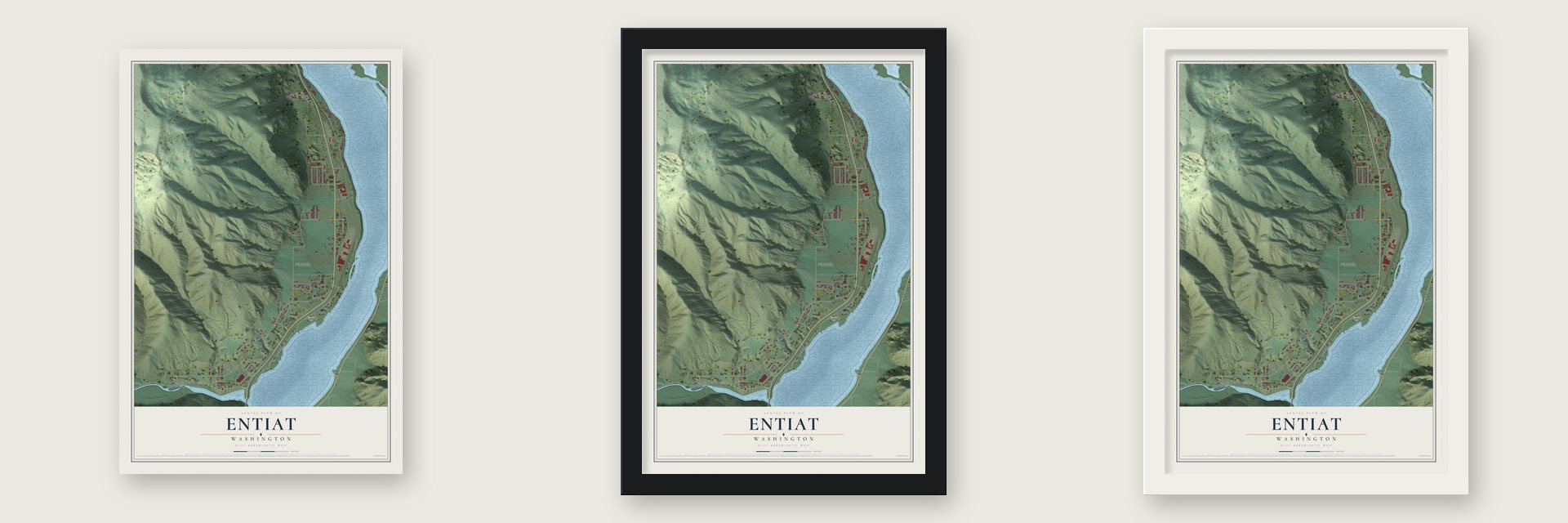 Entiat, Washington map unframed, in a black wood frame and in a white wood frame