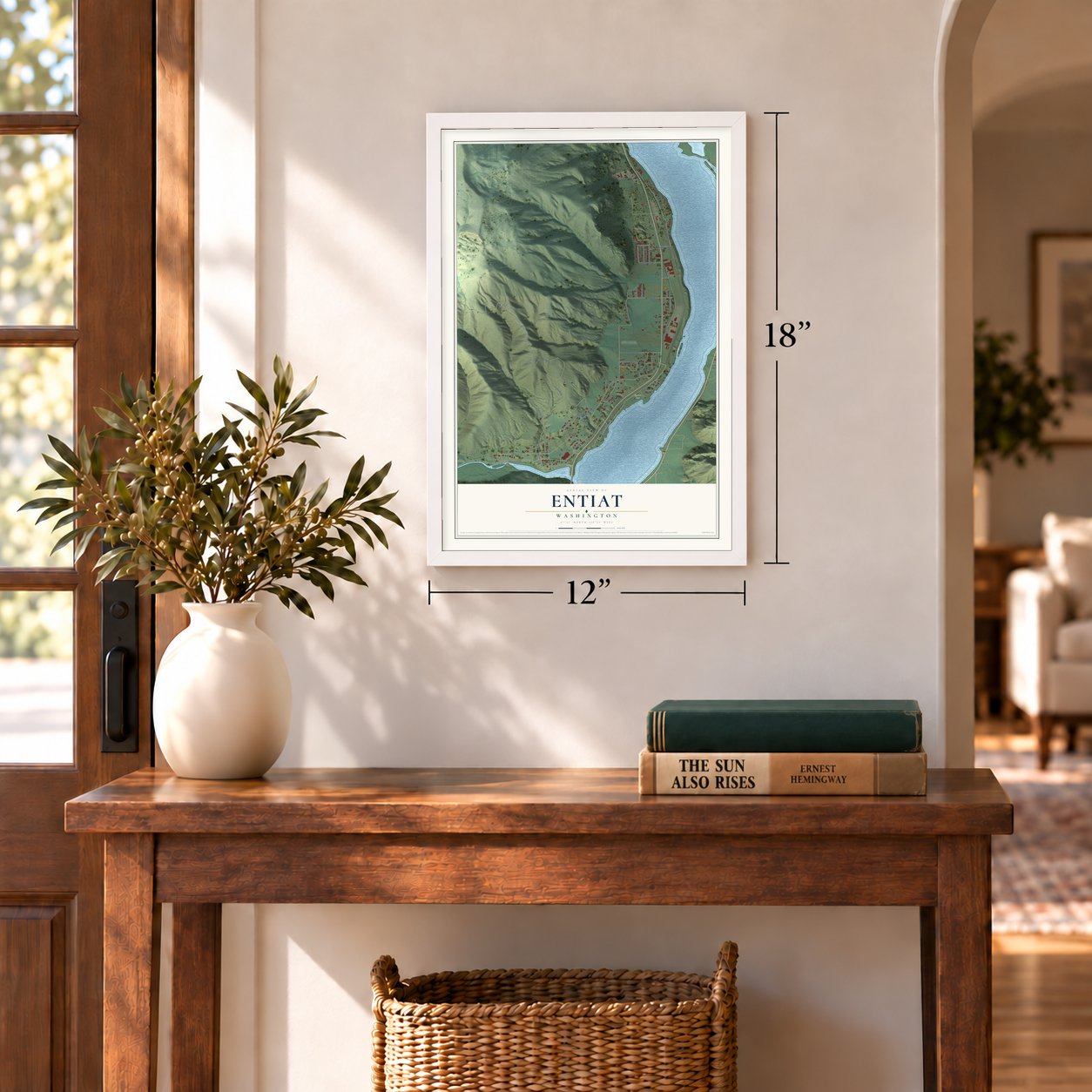 Entiat, Washington map, 12 x 18 inch print in a white frame in an entryway