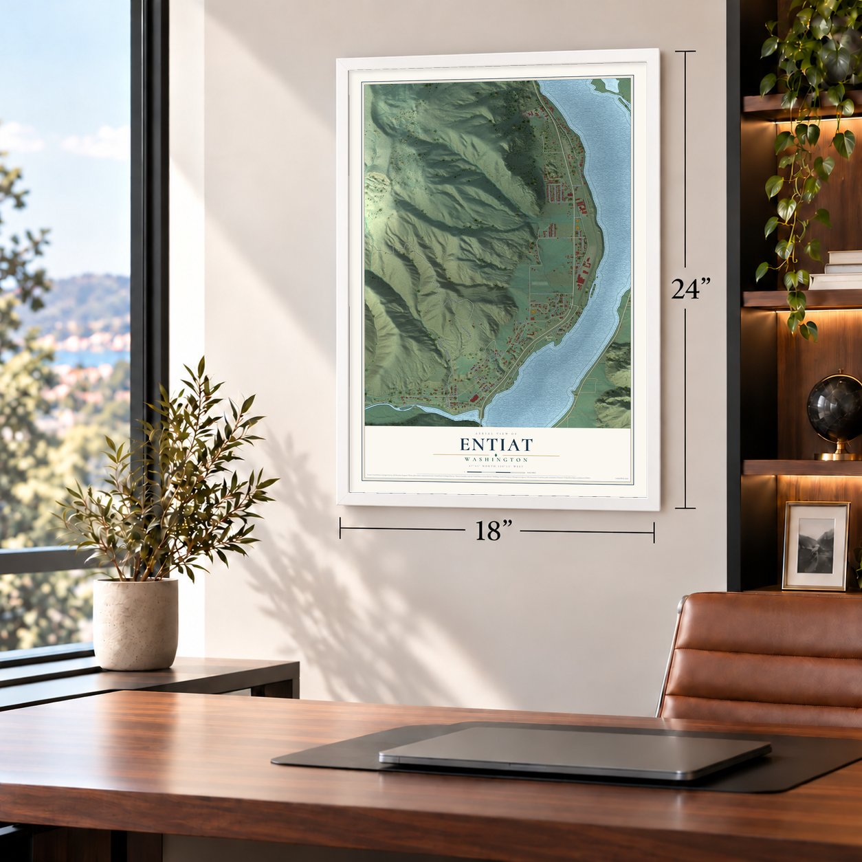Entiat, Washington map, 18 x 24 inch print in a white frame in a home office