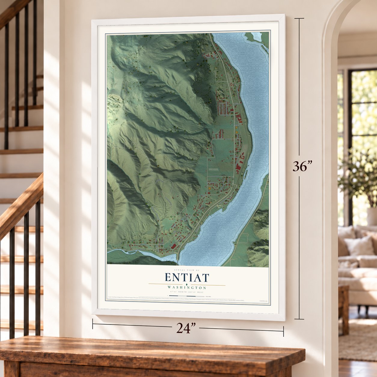 Entiat, Washington map, 24 x 36 inch print in a white frame by a staircase