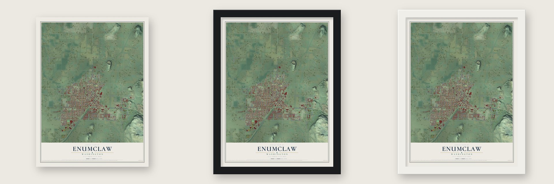 Enumclaw, Washington map unframed, in a black wood frame and in a white wood frame