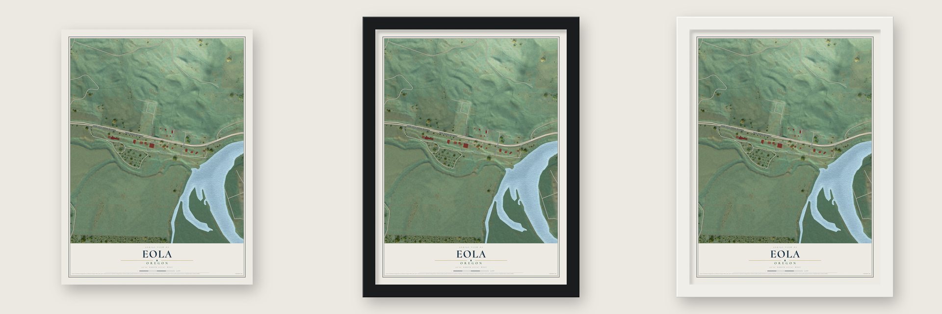 Eola, Oregon map unframed, in a black wood frame and in a white wood frame