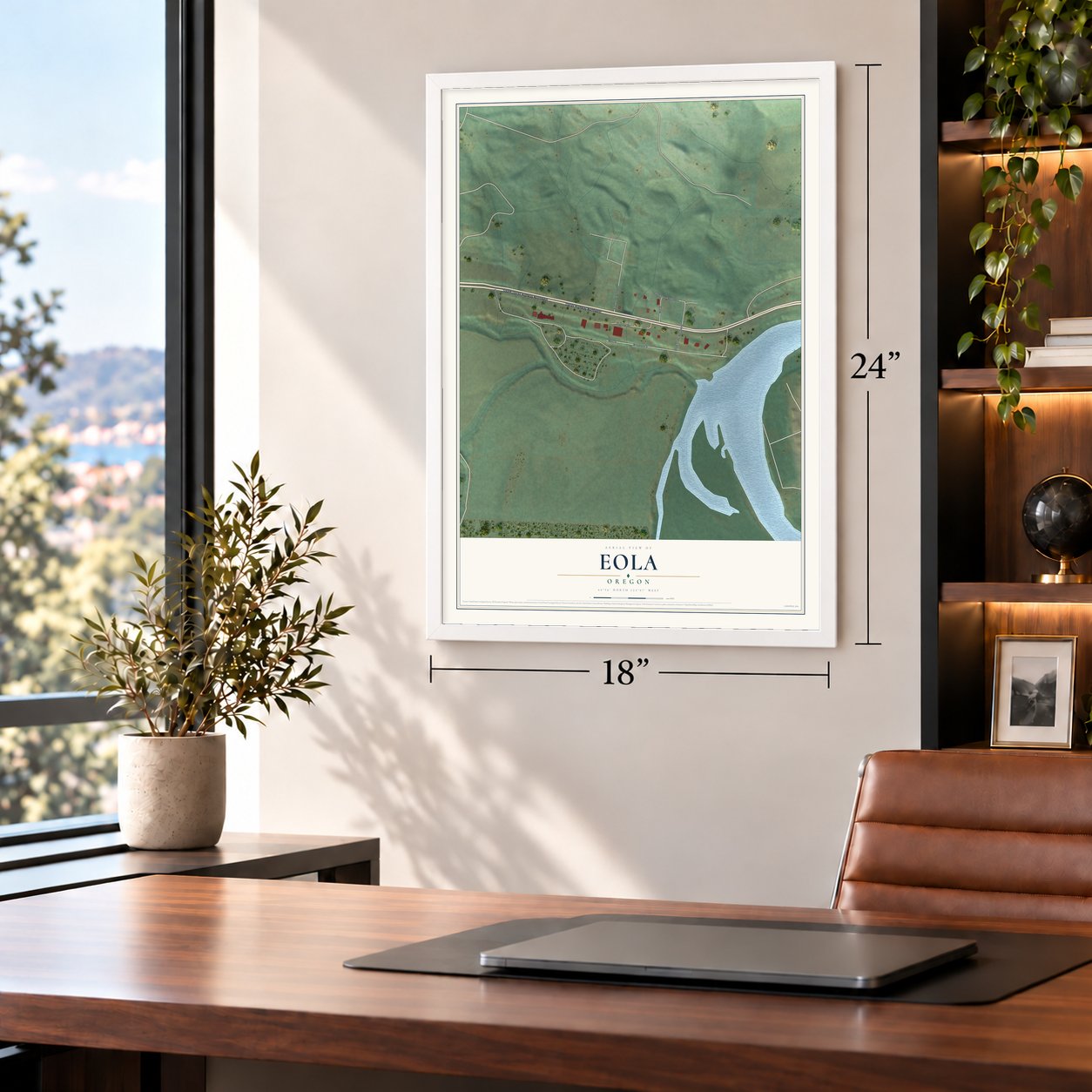 Eola, Oregon map, 18 x 24 inch print in a white frame in a home office