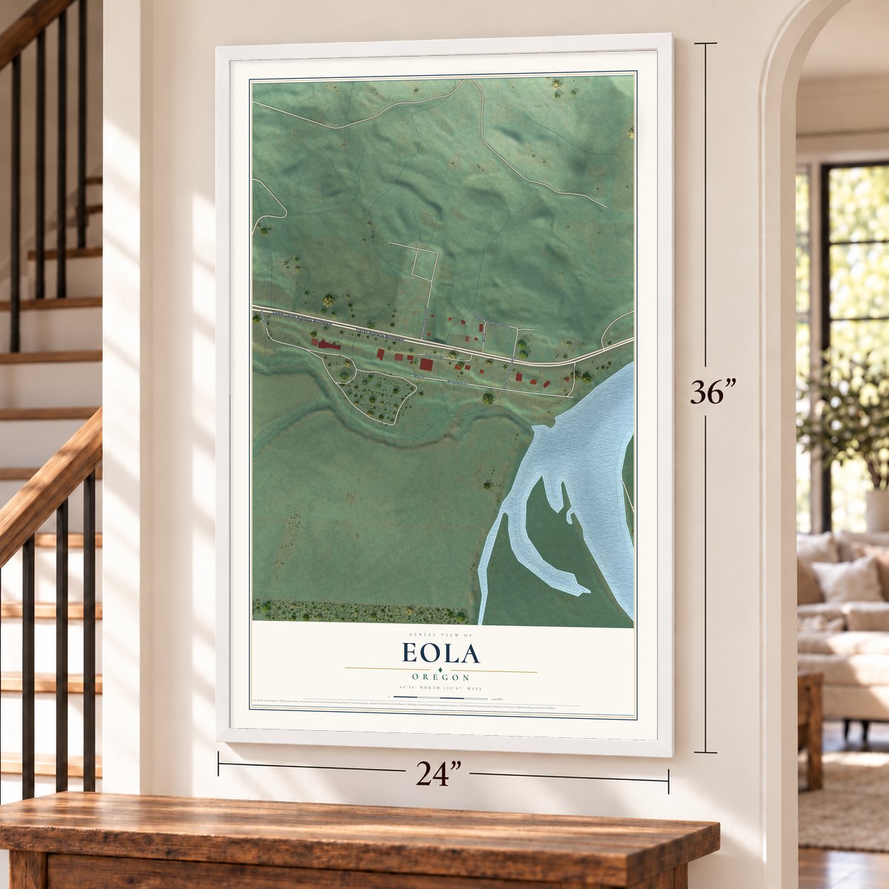 Eola, Oregon map, 24 x 36 inch print in a white frame by a staircase