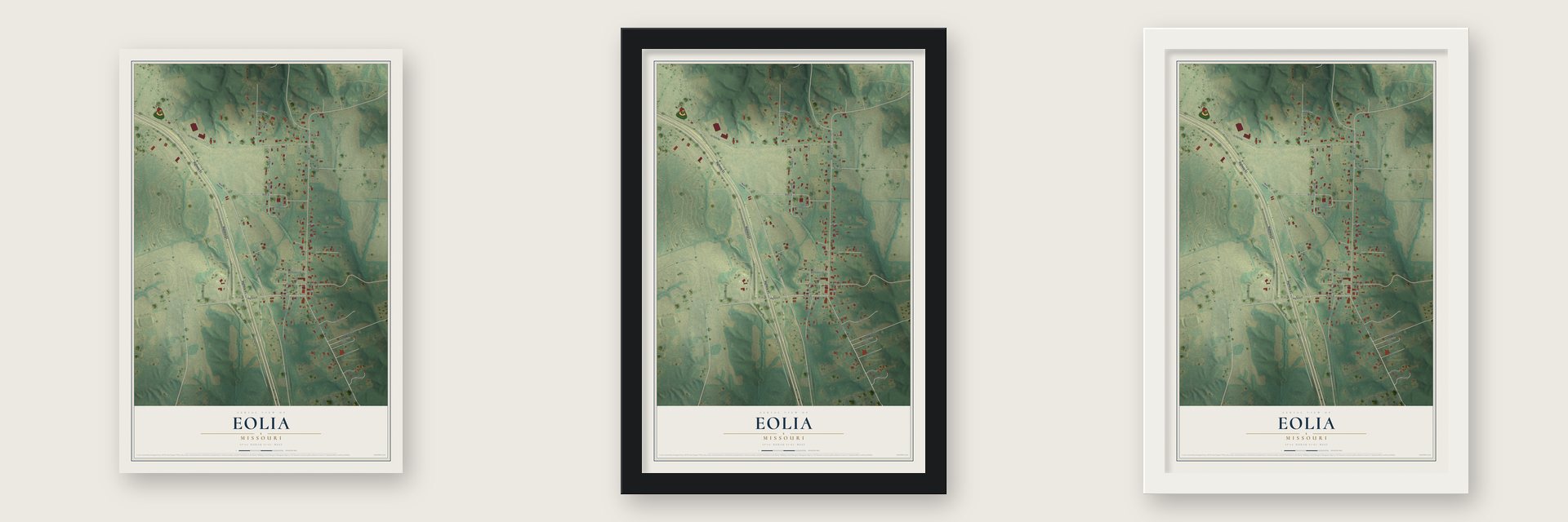 Eolia, Missouri map unframed, in a black wood frame and in a white wood frame