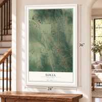 Eolia, Missouri map, 24 x 36 inch print in a white frame by a staircase