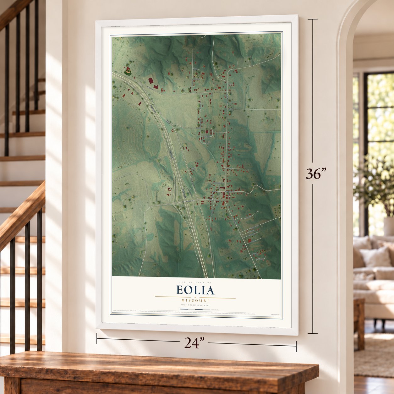 Eolia, Missouri map, 24 x 36 inch print in a white frame by a staircase