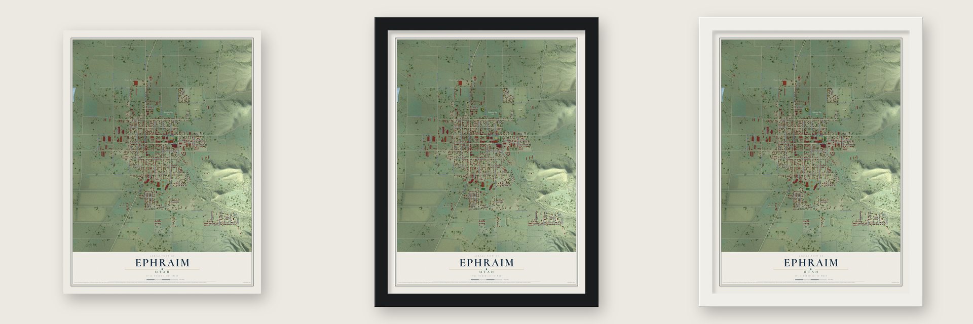 Ephraim, Utah map unframed, in a black wood frame and in a white wood frame