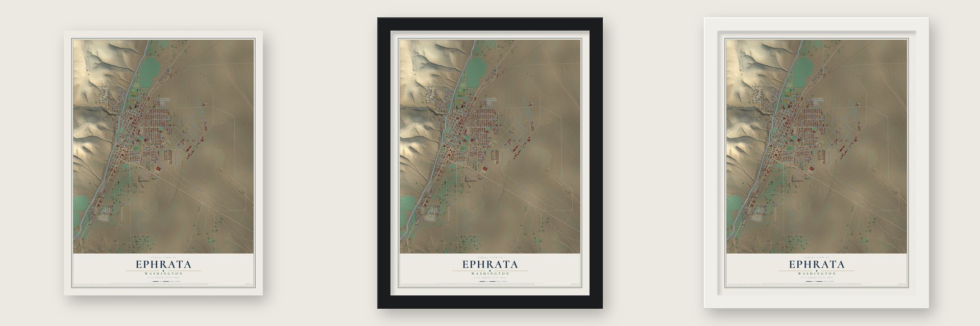 Ephrata, Washington map unframed, in a black wood frame and in a white wood frame