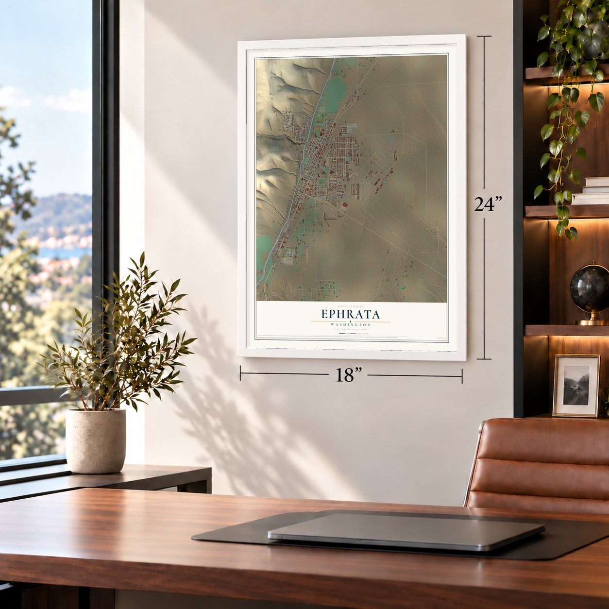 Ephrata, Washington map, 18 x 24 inch print in a white frame in a home office