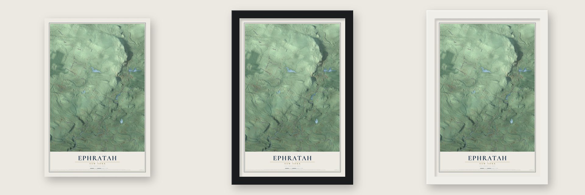 Ephratah, New York map unframed, in a black wood frame and in a white wood frame
