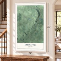 Ephratah, New York map, 24 x 36 inch print in a white frame by a staircase