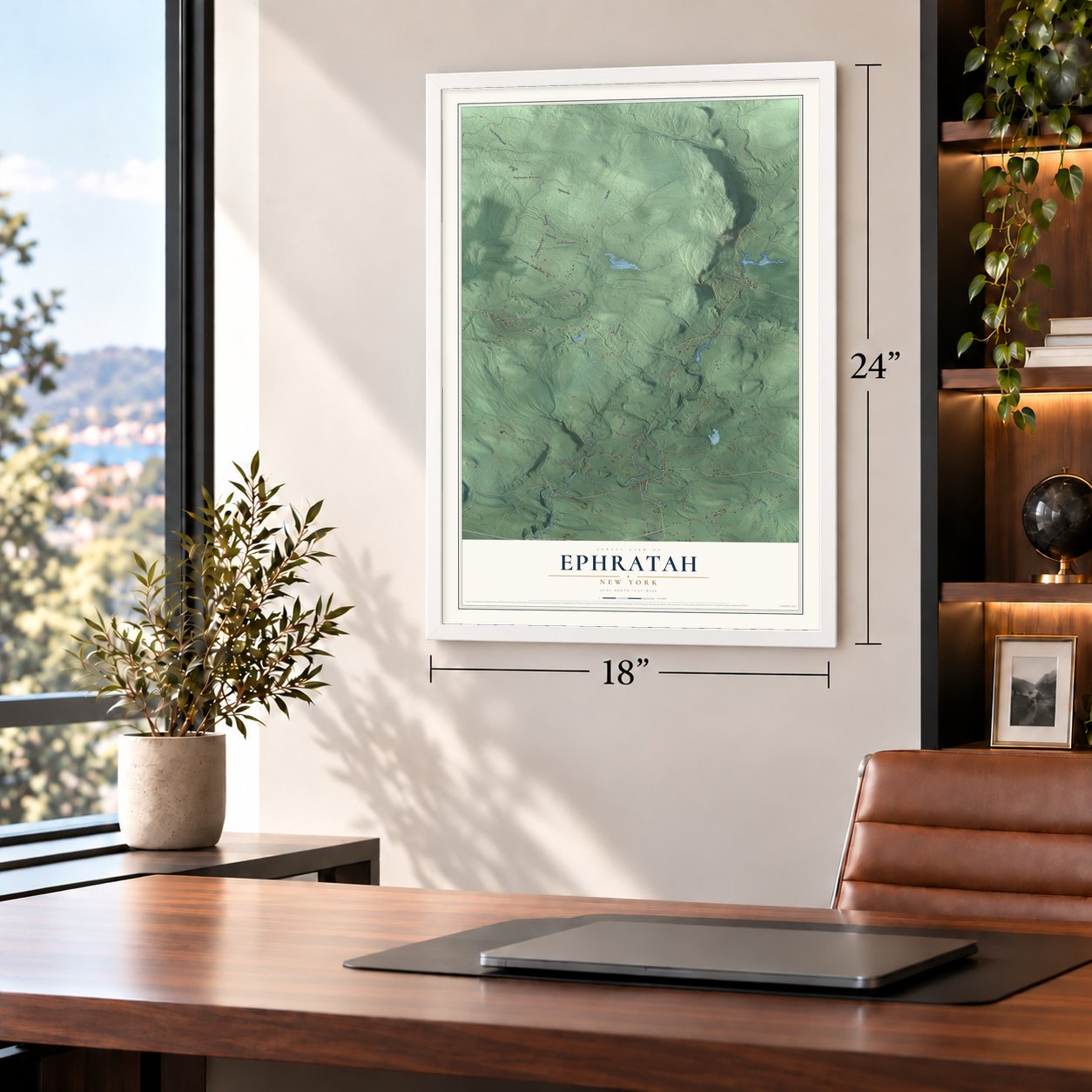 Ephratah, New York map, 18 x 24 inch print in a white frame in a home office