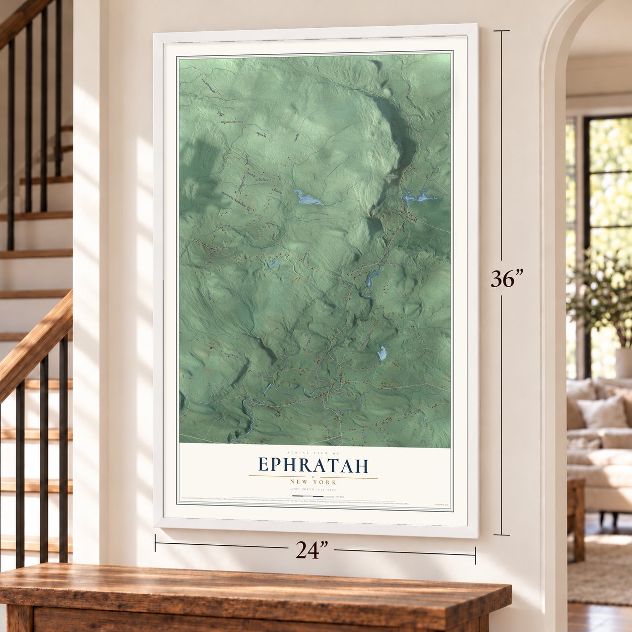 Ephratah, New York map, 24 x 36 inch print in a white frame by a staircase