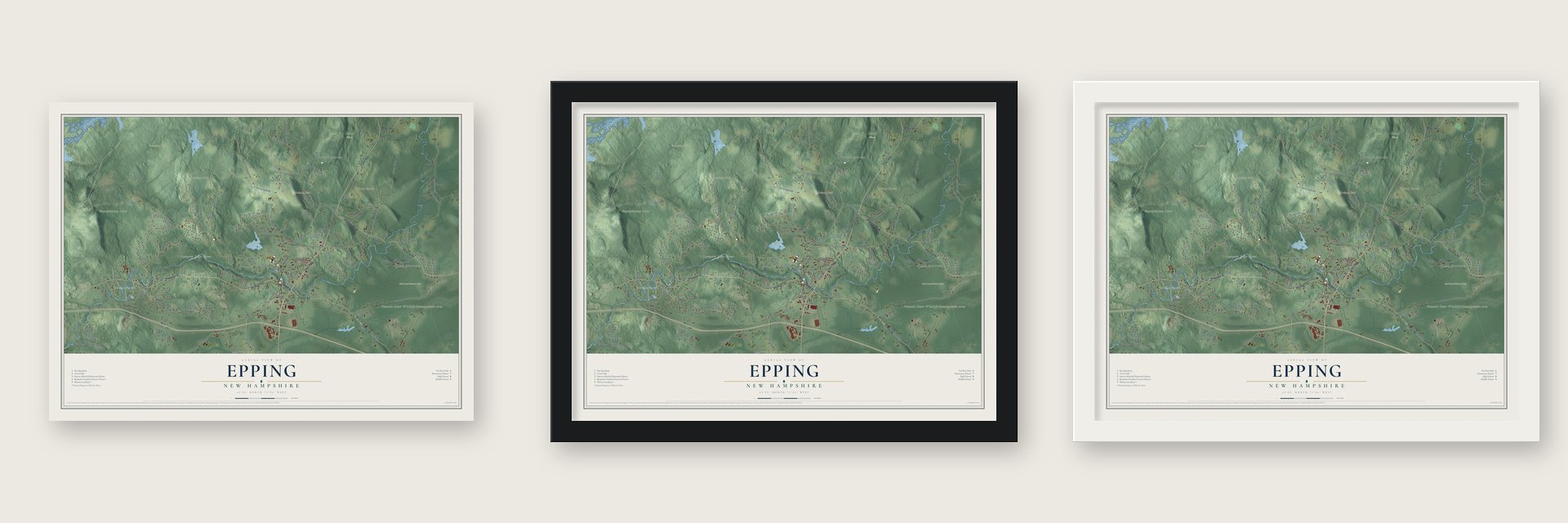 Epping, New Hampshire map unframed, in a black wood frame and in a white wood frame
