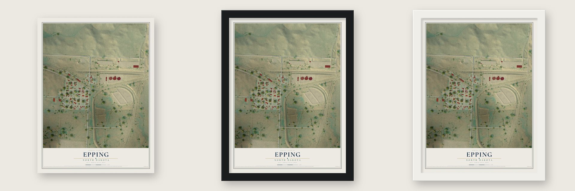 Epping, North Dakota map unframed, in a black wood frame and in a white wood frame