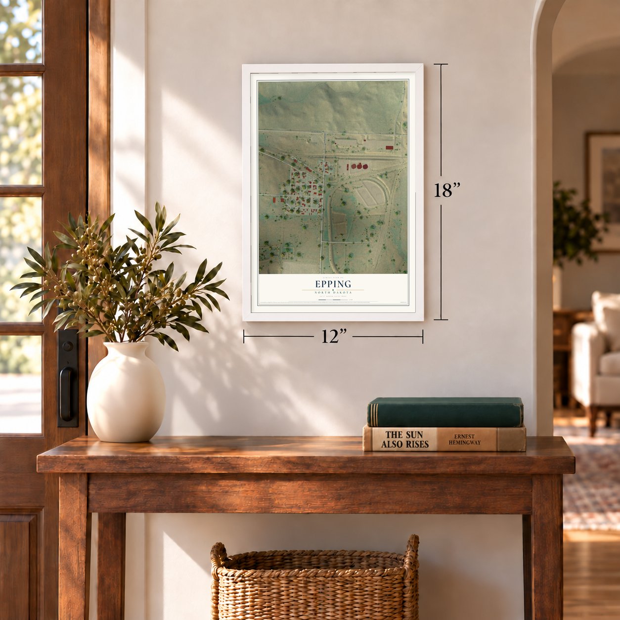Epping, North Dakota map, 12 x 18 inch print in a white frame in an entryway