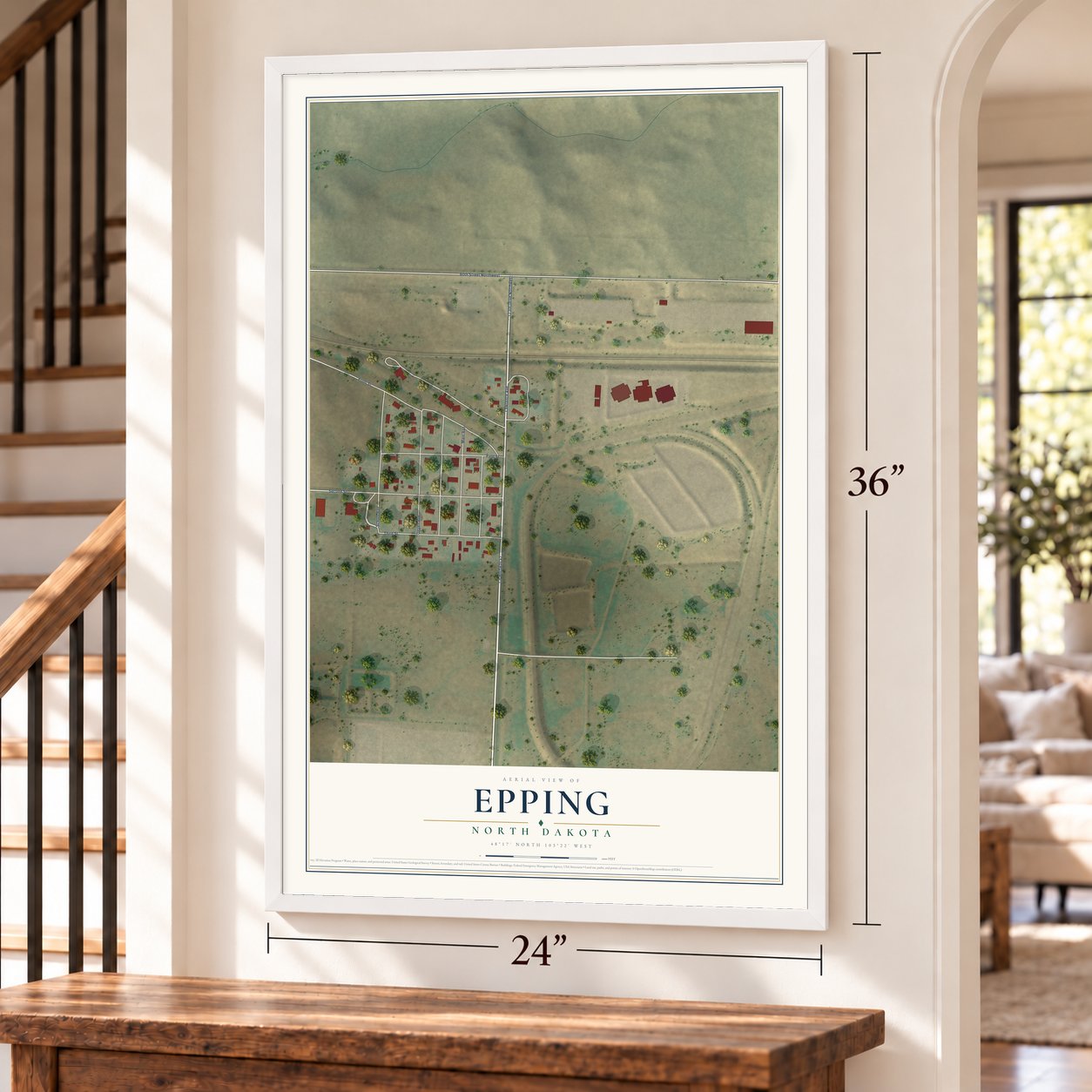 Epping, North Dakota map, 24 x 36 inch print in a white frame by a staircase