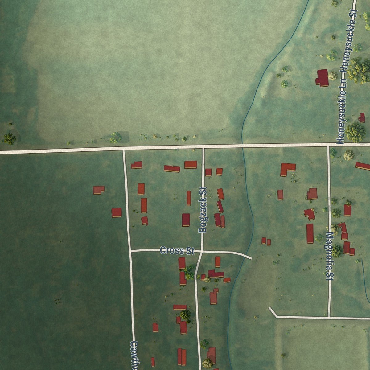 Second close-up of the map of Epps, Louisiana print showing more streets and buildings