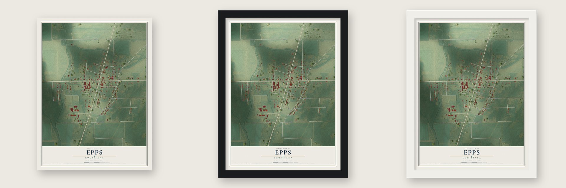 Epps, Louisiana map unframed, in a black wood frame and in a white wood frame