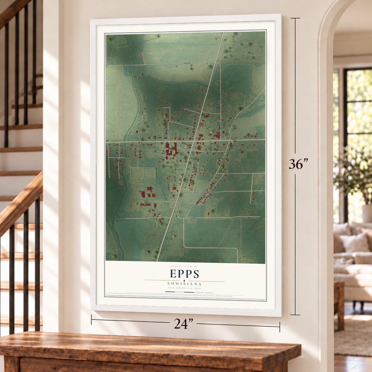 Epps, Louisiana map, 24 x 36 inch print in a white frame by a staircase