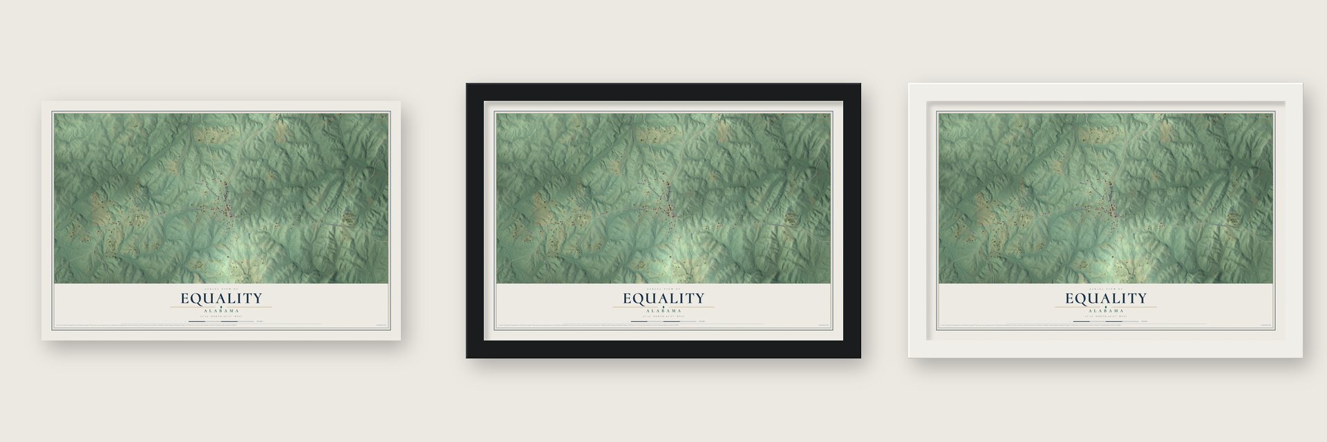 Equality, Alabama map unframed, in a black wood frame and in a white wood frame