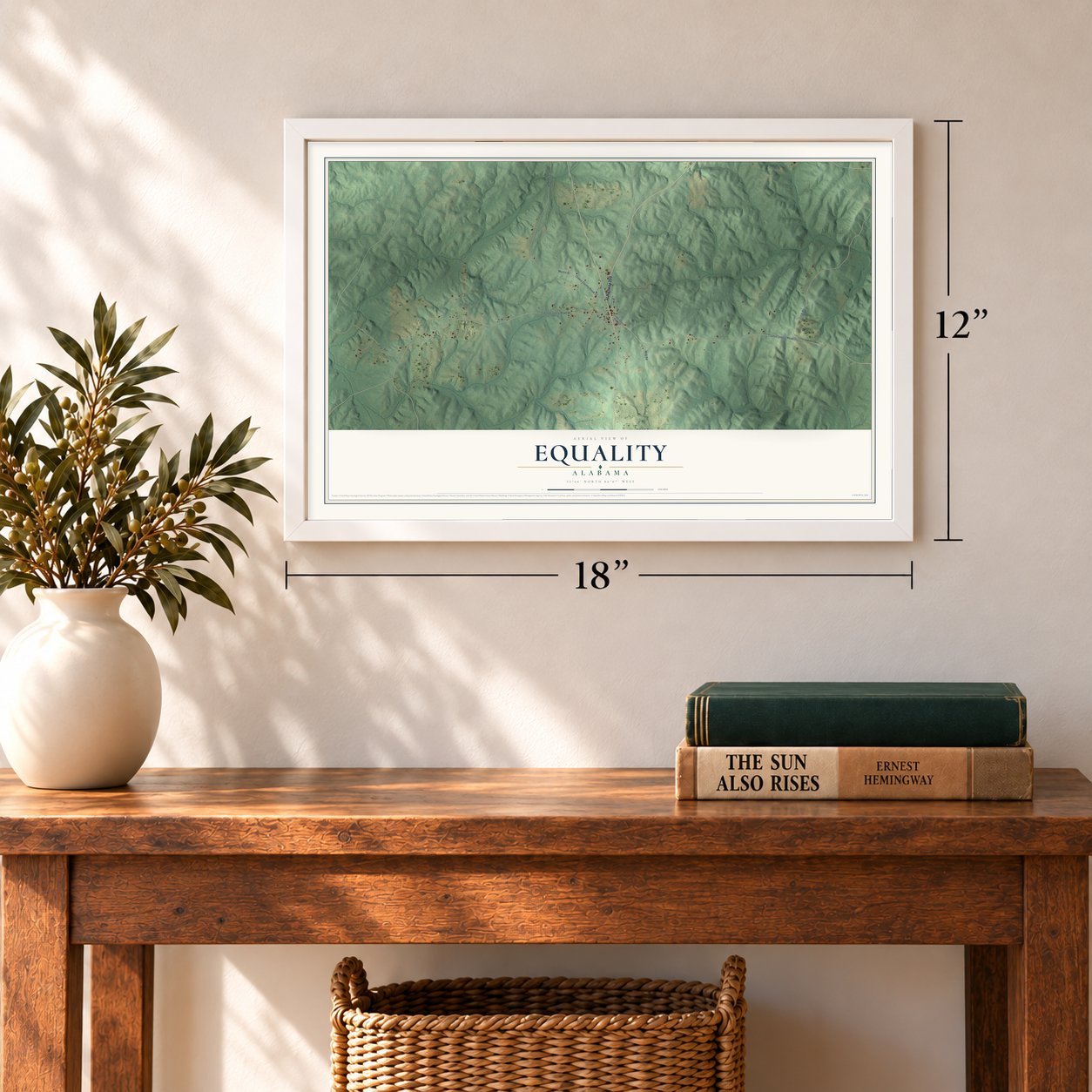 Equality, Alabama map, 12 x 18 inch print in a white frame in an entryway