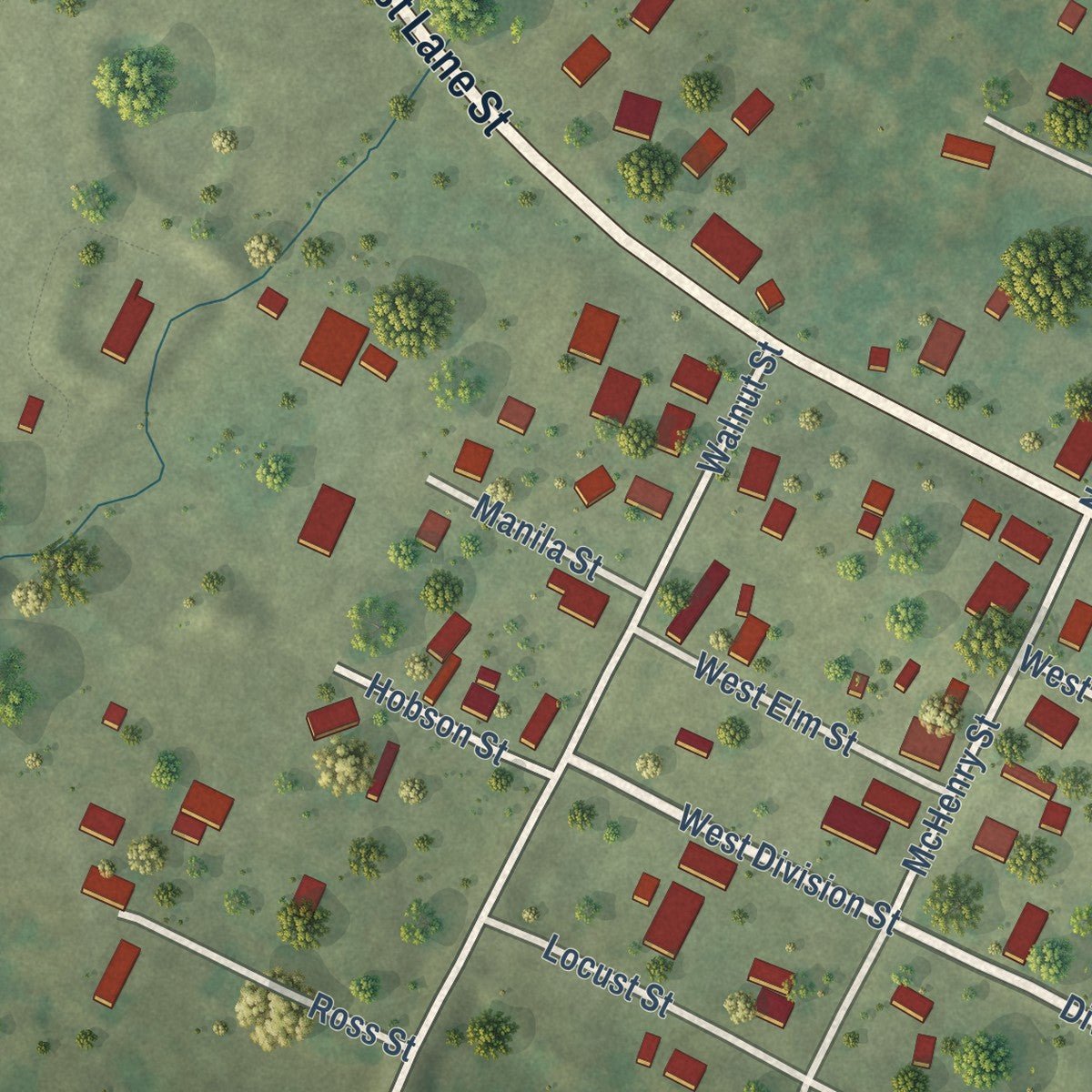 Second close-up of the map of Equality, Illinois print showing more streets and buildings