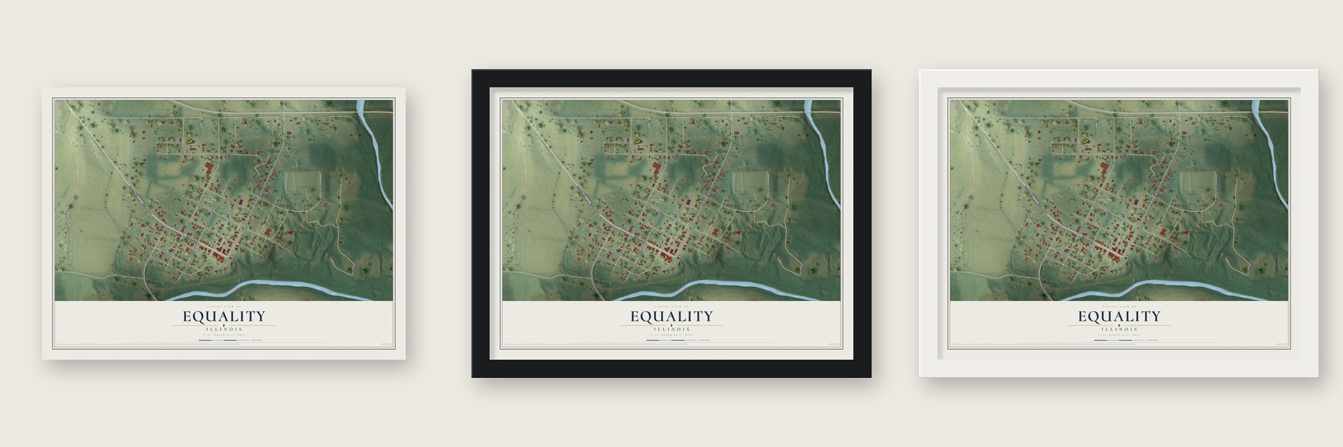 Equality, Illinois map unframed, in a black wood frame and in a white wood frame