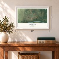 Equality, Illinois map, 12 x 18 inch print in a white frame in an entryway