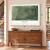 Equality, Illinois map, 24 x 36 inch print in a white frame above a dresser by a staircase