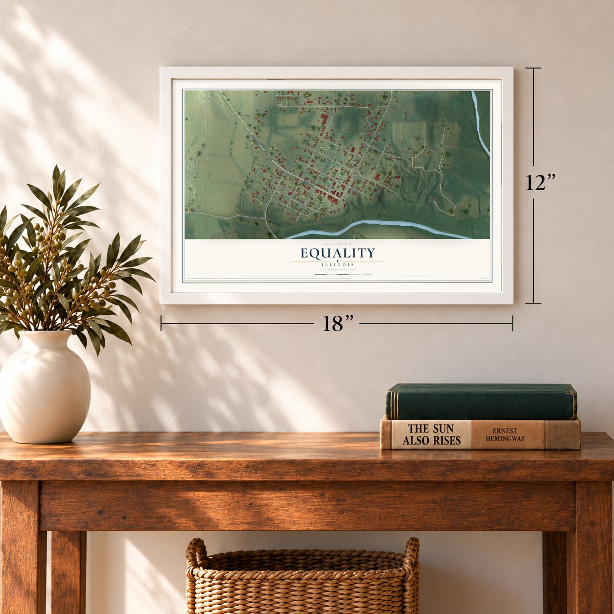 Equality, Illinois map, 12 x 18 inch print in a white frame in an entryway