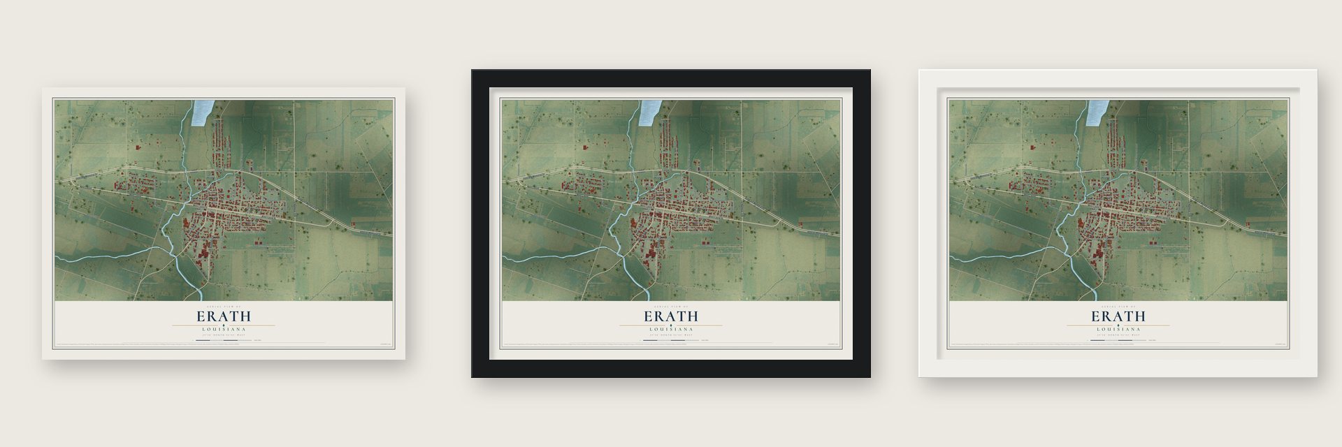 Erath, Louisiana map unframed, in a black wood frame and in a white wood frame