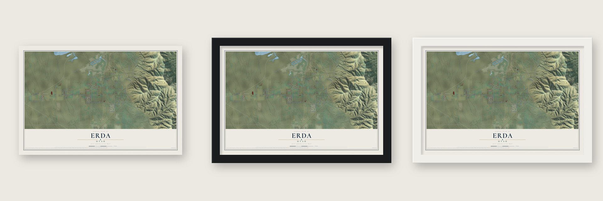 Erda, Utah map unframed, in a black wood frame and in a white wood frame