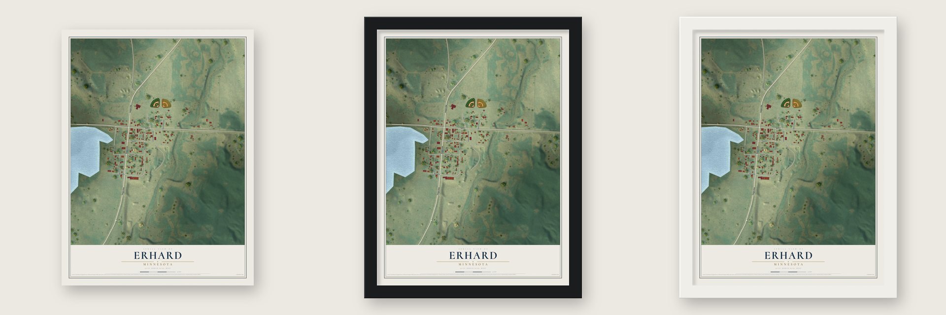 Erhard, Minnesota map unframed, in a black wood frame and in a white wood frame