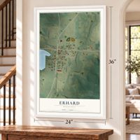 Erhard, Minnesota map, 24 x 36 inch print in a white frame by a staircase