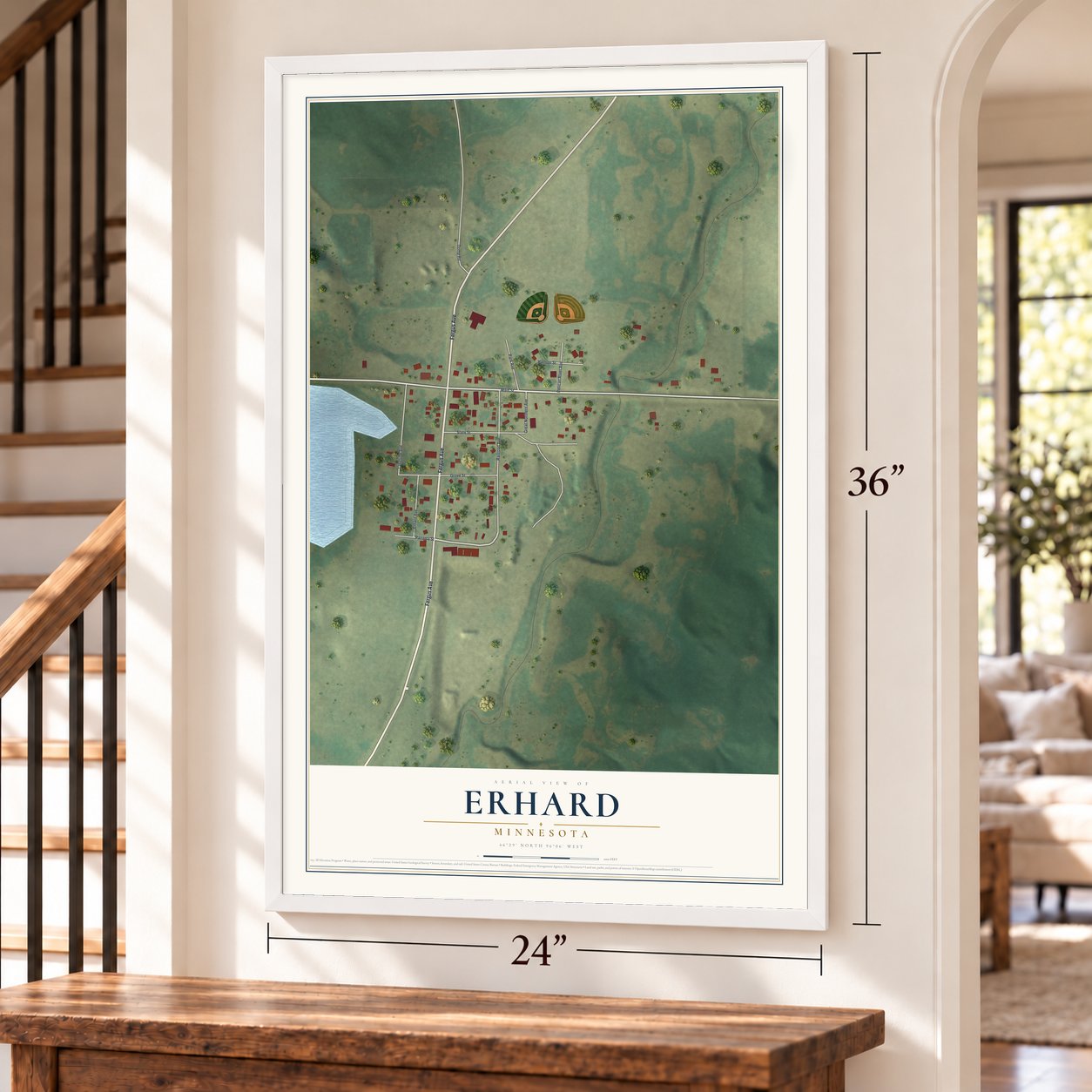 Erhard, Minnesota map, 24 x 36 inch print in a white frame by a staircase