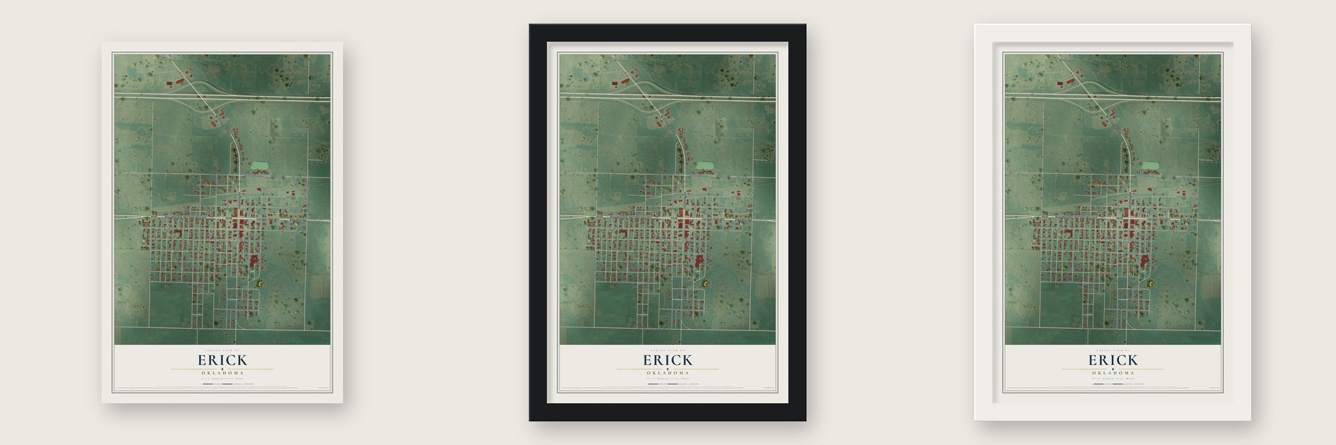 Erick, Oklahoma map unframed, in a black wood frame and in a white wood frame