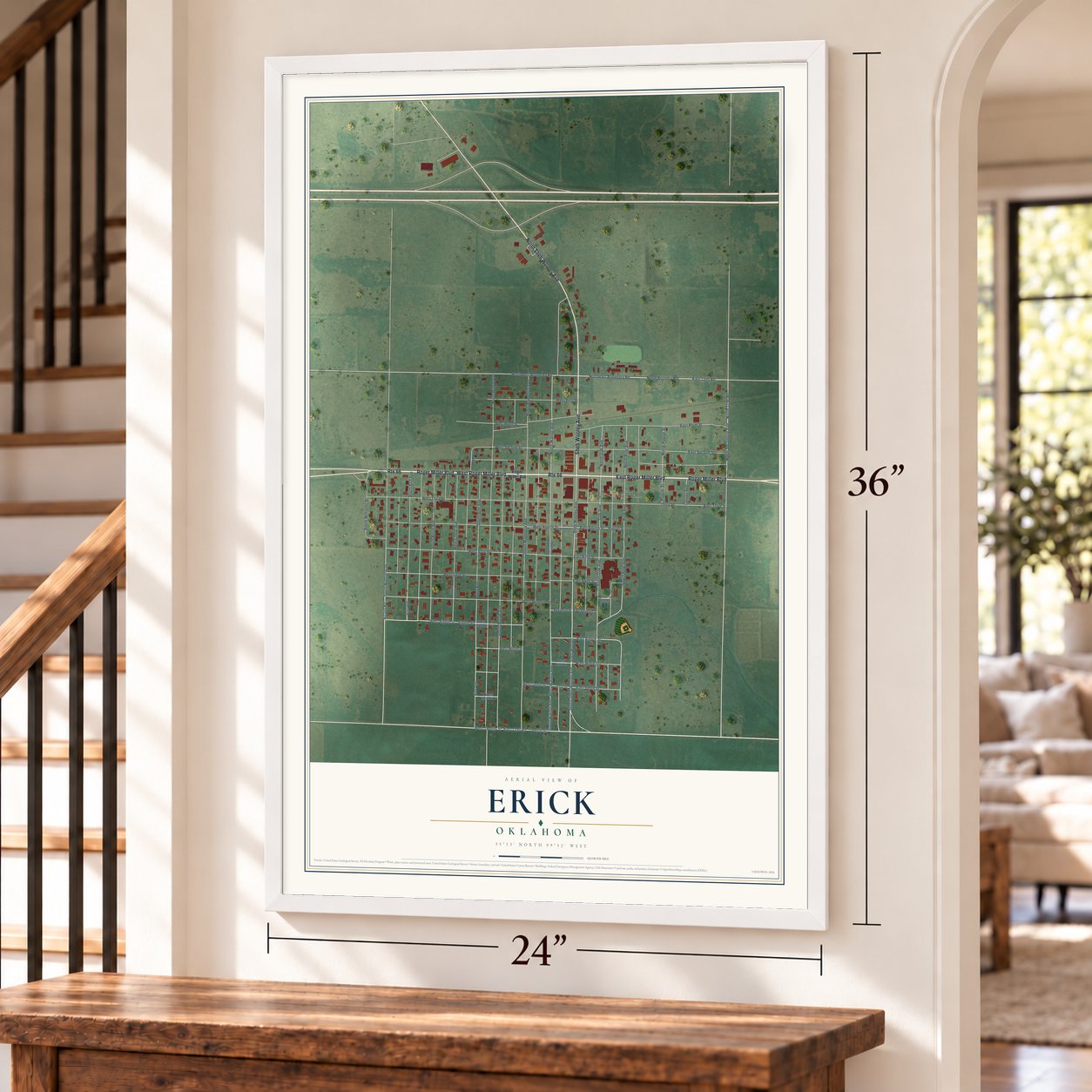 Erick, Oklahoma map, 24 x 36 inch print in a white frame by a staircase