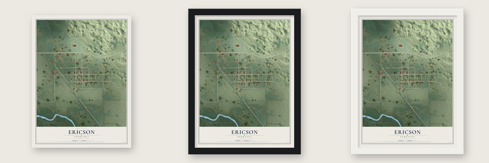 Ericson, Nebraska map unframed, in a black wood frame and in a white wood frame