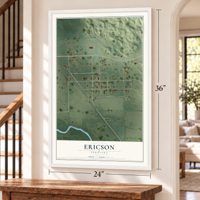 Ericson, Nebraska map, 24 x 36 inch print in a white frame by a staircase