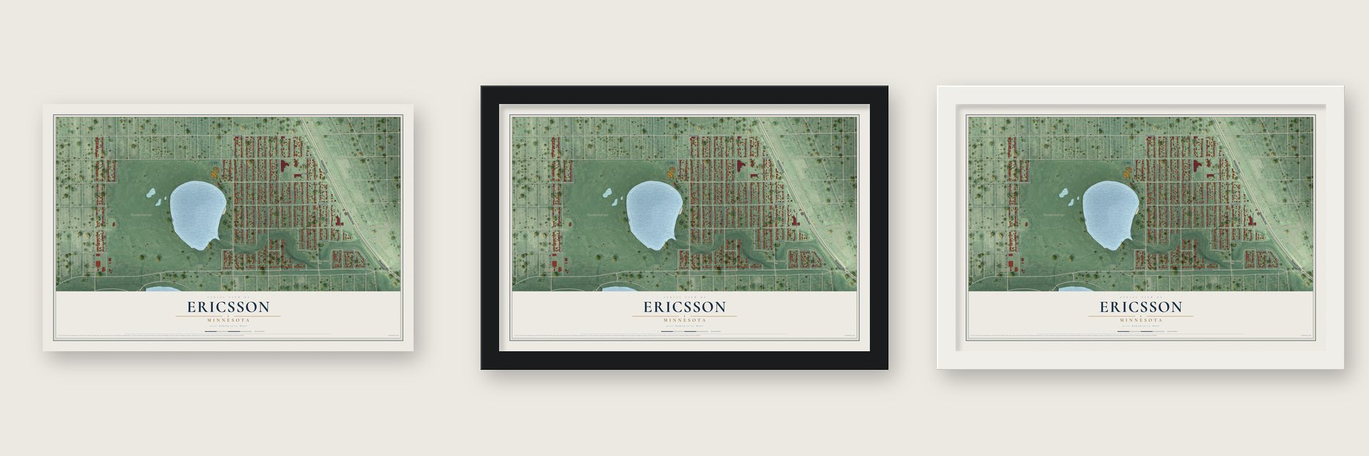 Ericsson, Minnesota map unframed, in a black wood frame and in a white wood frame