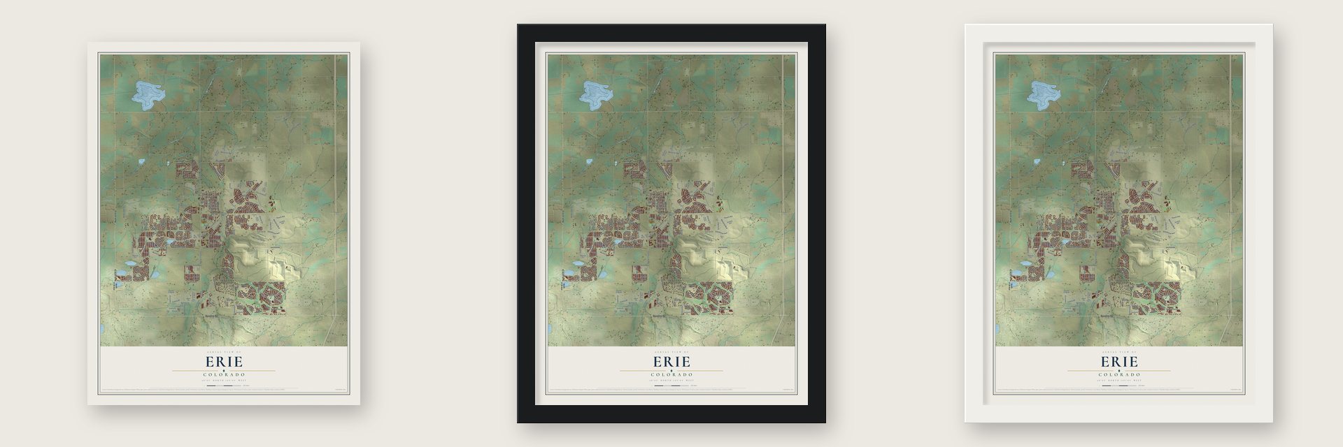 Erie, Colorado map unframed, in a black wood frame and in a white wood frame