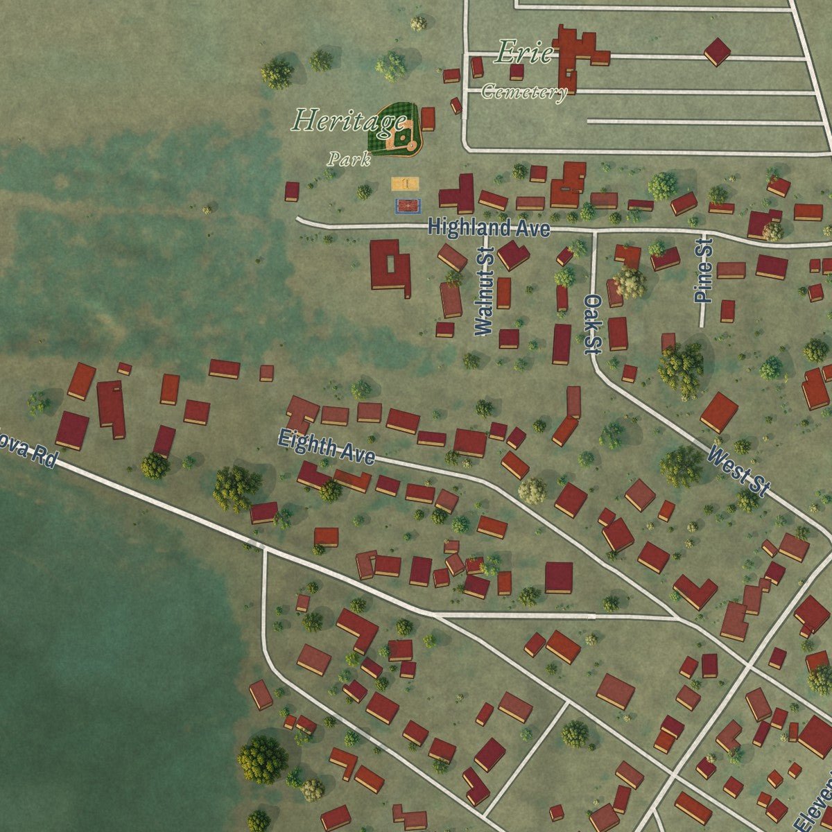 Second close-up of the map of Erie, Illinois print showing more streets and buildings