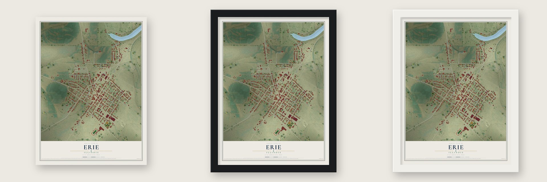 Erie, Illinois map unframed, in a black wood frame and in a white wood frame