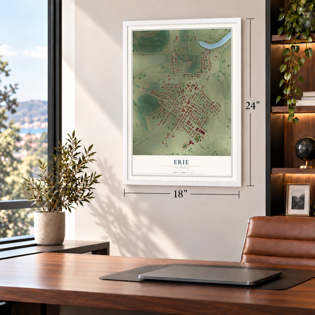 Erie, Illinois map, 18 x 24 inch print in a white frame in a home office