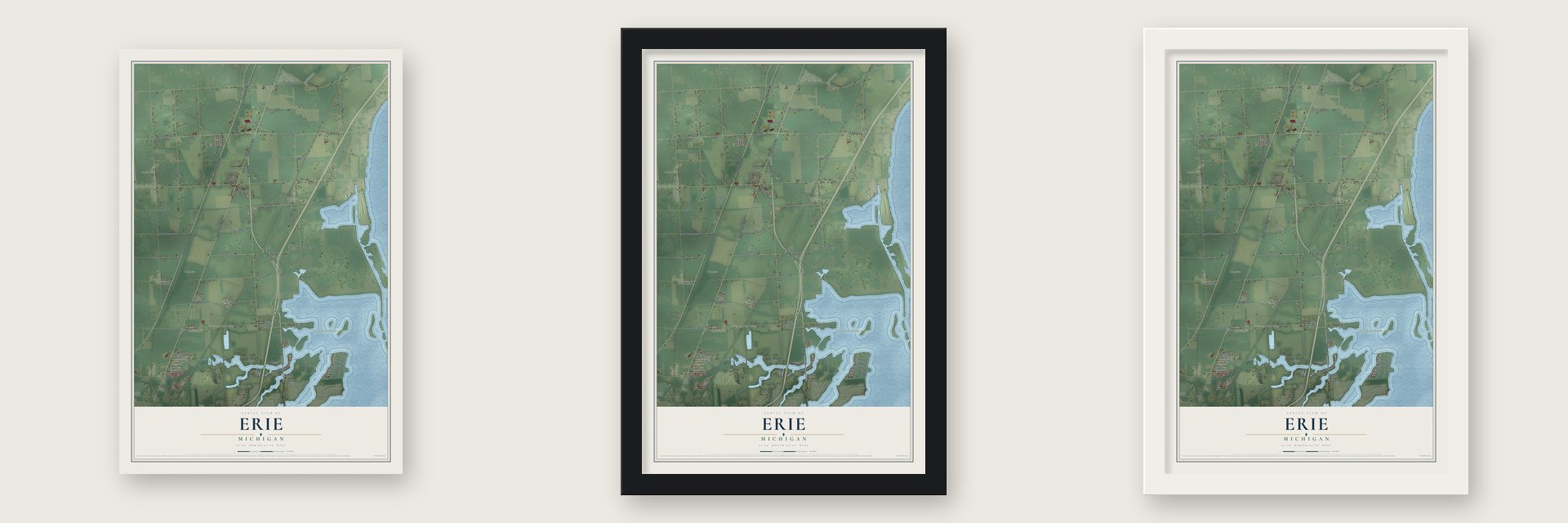 Erie, Michigan map unframed, in a black wood frame and in a white wood frame