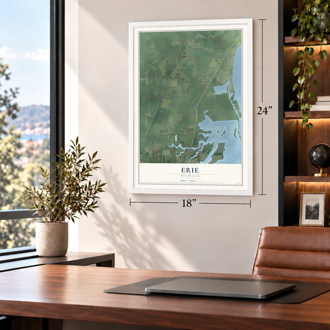 Erie, Michigan map, 18 x 24 inch print in a white frame in a home office